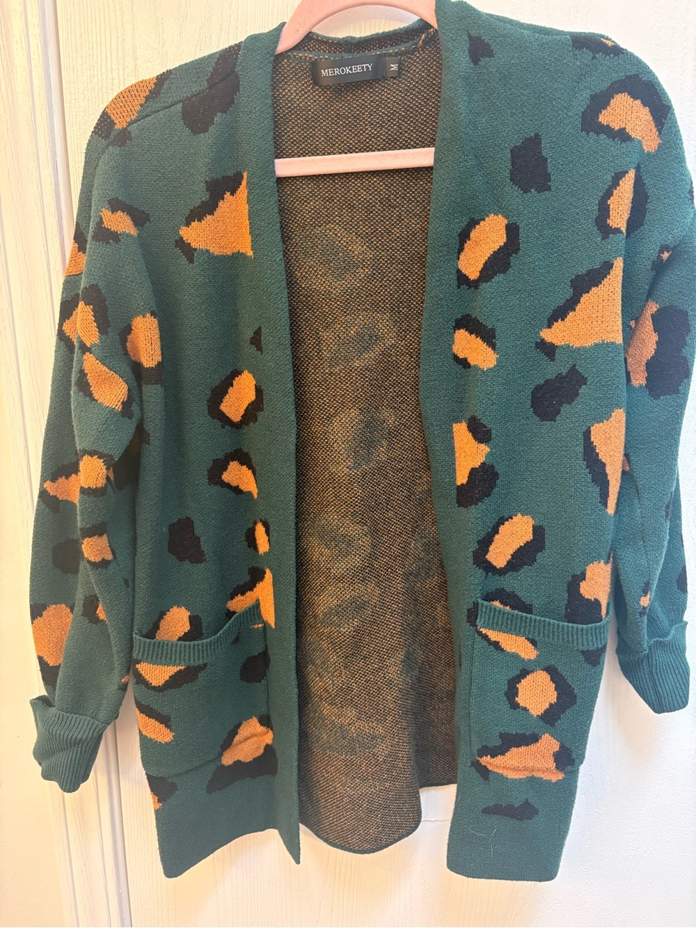 MEROKEETY Green and Mustard Textured Knit Cardigan